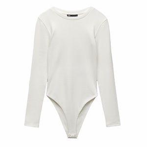 NWOT! Zara White Ribbed Knit Long Sleeve High Crew Neck T Shirt Bodysuit